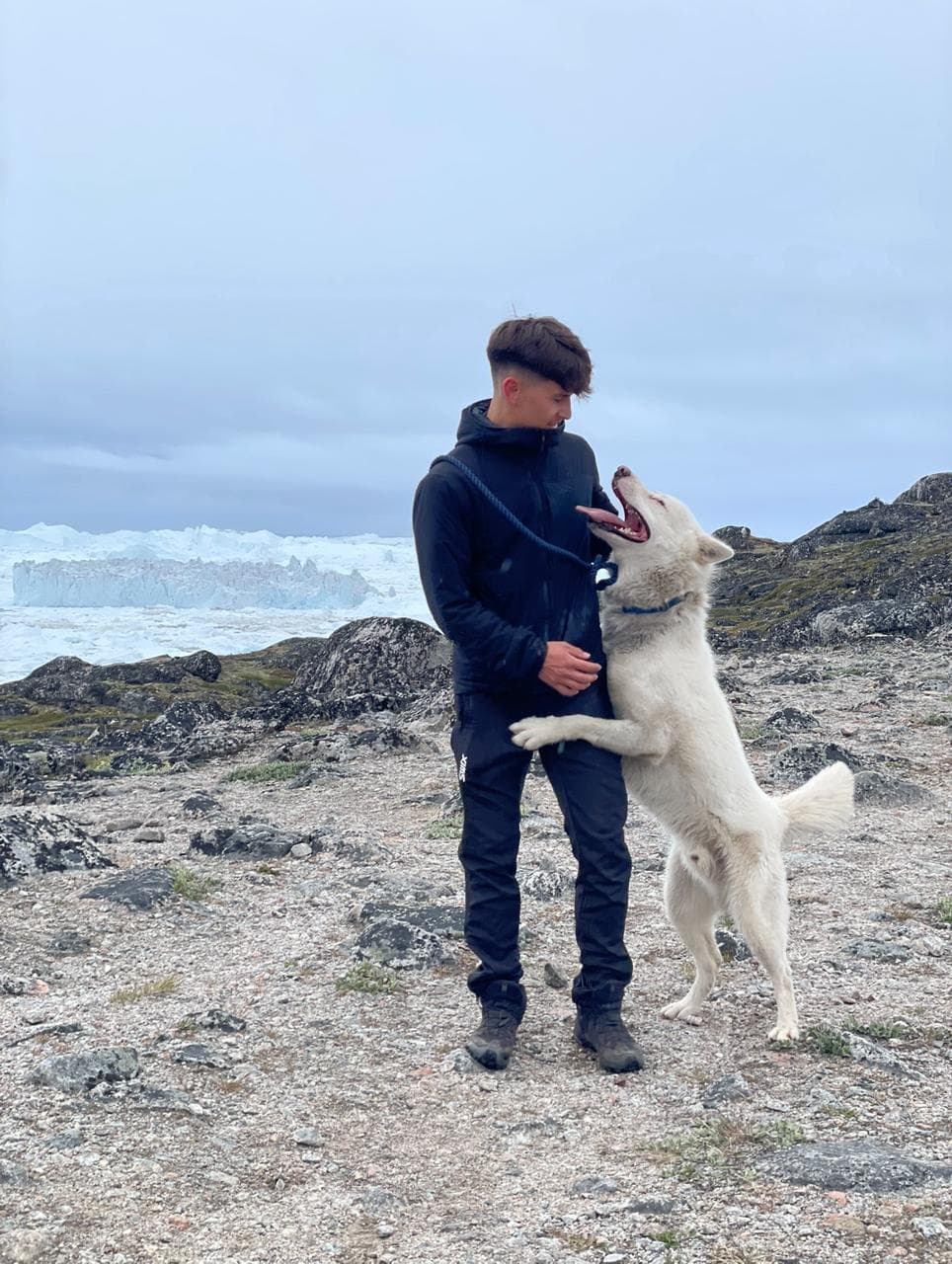Greenlandic sled dog and handler in front of the icefjord