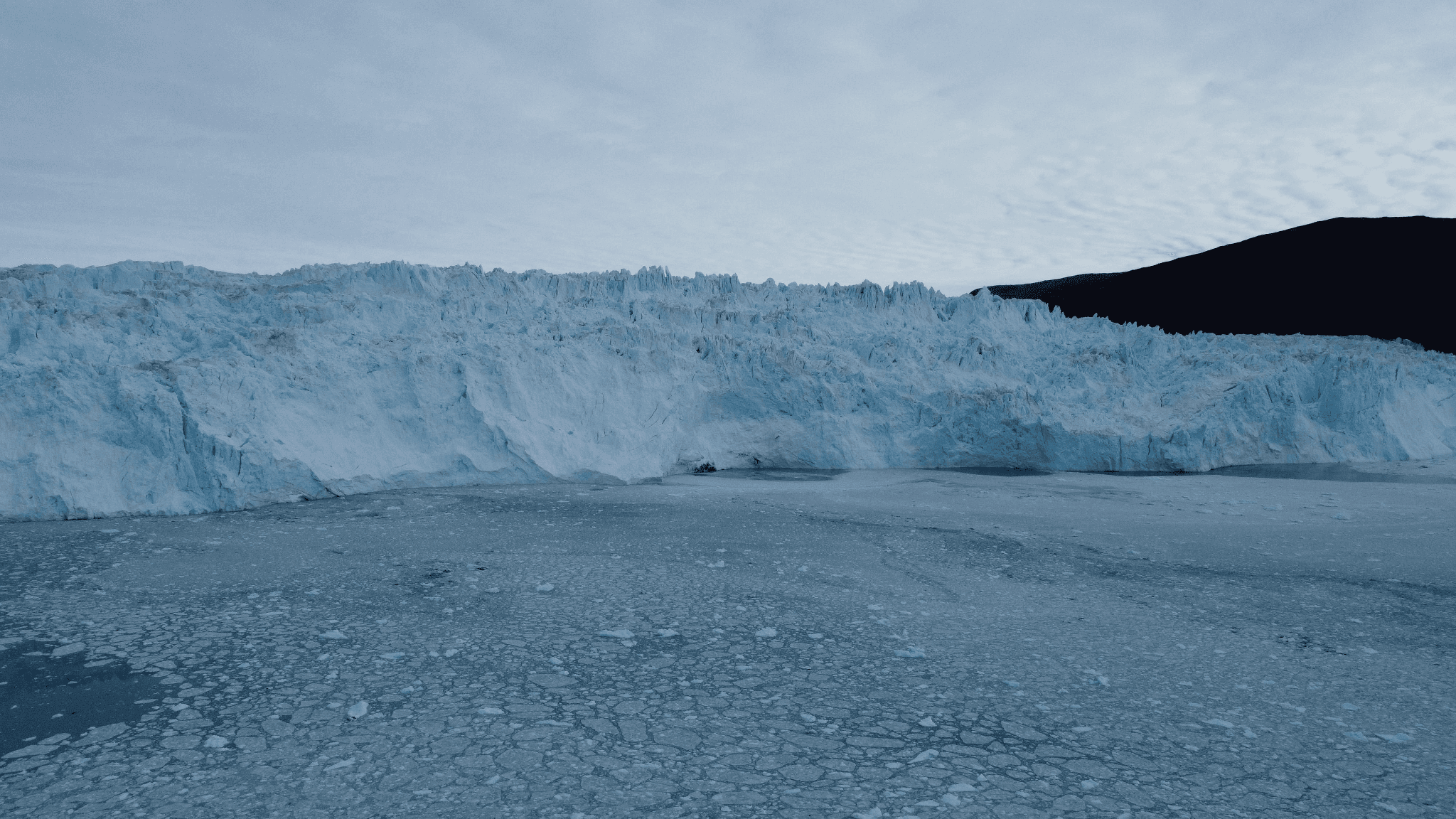 The towering ice wall of Eqi Glacier in Disko Bay
